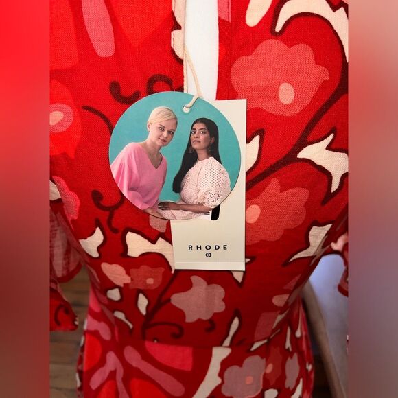 Rhode x Target Red Floral Linen Blend Midi Dress Ruffle Hem Short Sleeve 4 NWT - Picture 5 of 8